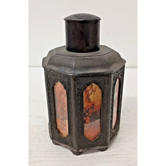 Antique 19th Century Chinese Pewter Tea Caddy Octagonal Painted Glass Panels - Picture 1 of 10
